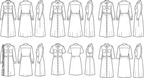 Slika na platnu Technical fashion sketches of women's shirt dresses with various sleeve lengths, chest pockets, and elastic waist details