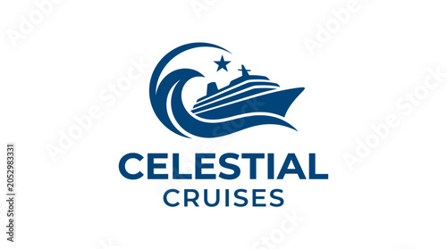 Nautical cruise ship logo with ocean waves and stars.