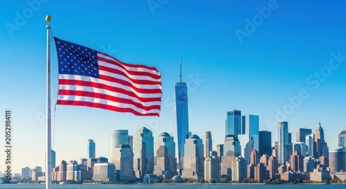 Waving American Flag in Front of New York City Skyline