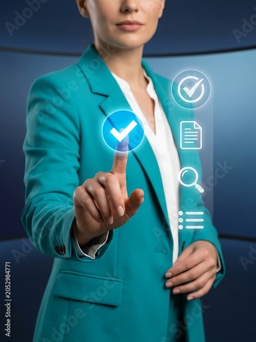 Business Professional Selecting Digital Verification Checkmark On Virtual Interface