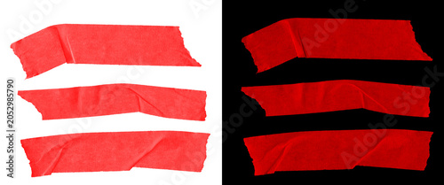 Red masking tape strips set, torn adhesive paper tape pieces on white and black backgrounds, textured sticky tape fragments for design mockups