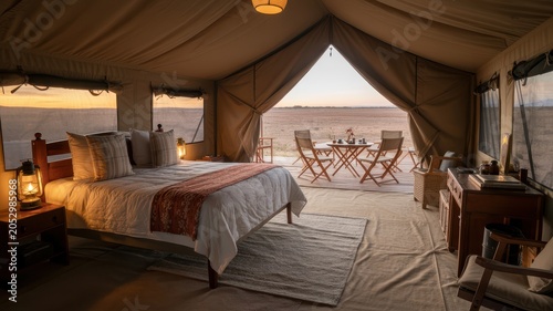 A luxury safari tent bedroom interior features a king size bed set against the vast open landscape at sunset time.