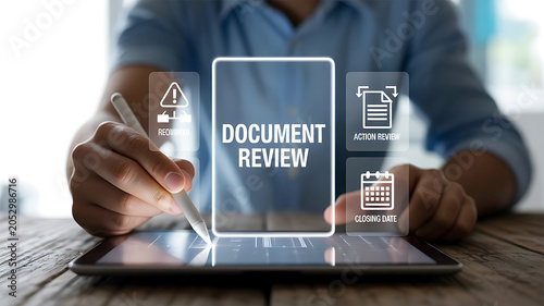 Person using stylus on tablet with digital interface for document review action required and closing date