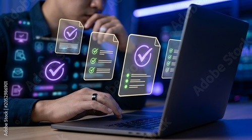 Digital Checklist Verification System Above Laptop Workspace