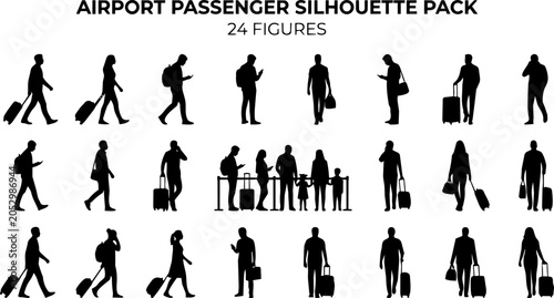 Schilderij op canvas Collection of diverse airport passenger silhouettes engaged in various activitie