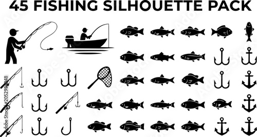 Quadro su tela Collection of diverse black silhouette icons representing fishing equipment fish
