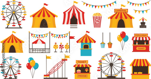 Bild auf Leinwand Amusement park elements vector set with circus tents ferris wheels carnival boot