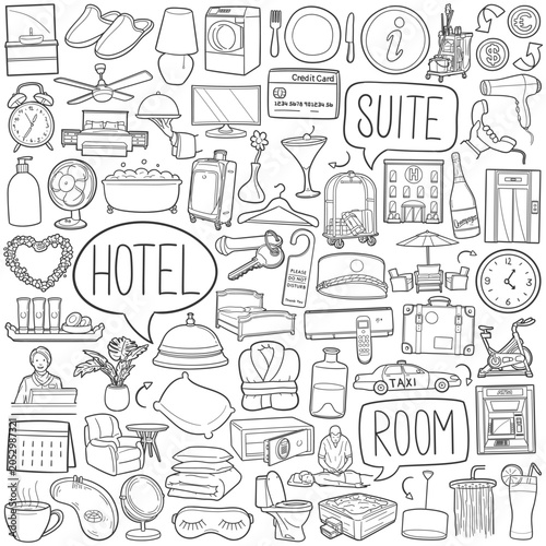Hand Drawn Hotel Doodle Vector Icon Set For Room Service And Travel Design