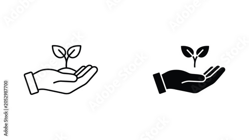 Human hand holding small growing plant sprout vector icon set isolated on white