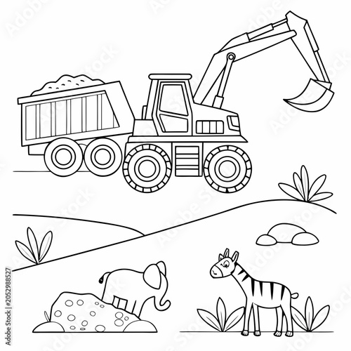 Photography Excavator loading dump truck and safari animals coloring page with excavator con