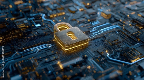 Cyber security concept with glowing padlock on a digital circuit board background.