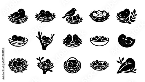 Photos Minimalist bird nest icons set, black silhouette birdhouse and egg symbols, 15 v