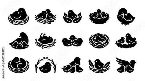 Billede på lærred Minimalist bird nest icons set, black silhouette bird family vector illustration