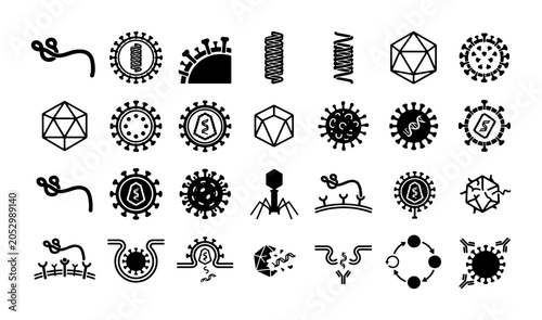 Photos Virology and microbiology icon set, 28 black vector virus symbols, medical labor
