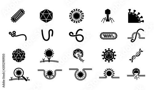 Fotografía Microbiology virus icon set, 20 black vector virus symbols and bacteria structur