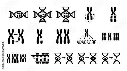 Scientific DNA and chromosome icon set, genetic mutation and helix vector symbols, biology research and biotechnology laboratory elements