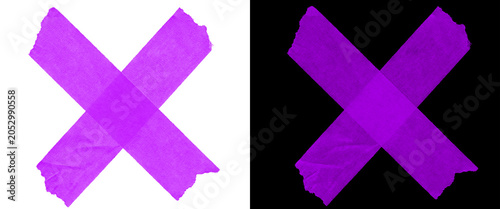 Foto Purple adhesive tape cross, textured masking tape X symbol on white and black ba