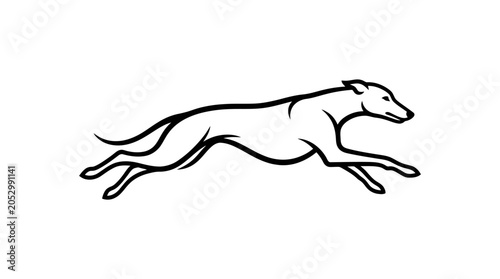 Minimalist black and white line art of a running greyhound silhouette