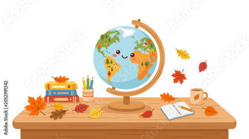 Cuadro en lienzo Cute cartoon globe with smiley face and autumn leaves.