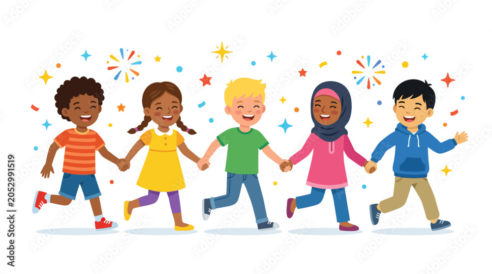 Fototapeta premium Diverse children holding hands walking with festive confetti.