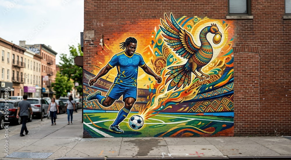 Fototapeta premium Vibrant street art mural of a Black soccer player and Sankofa bird on a brick wall. Urban neighborhood public artwork. African cultural heritage and sports concept