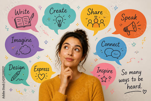 Young woman thinking with colorful idea bubbles on wall