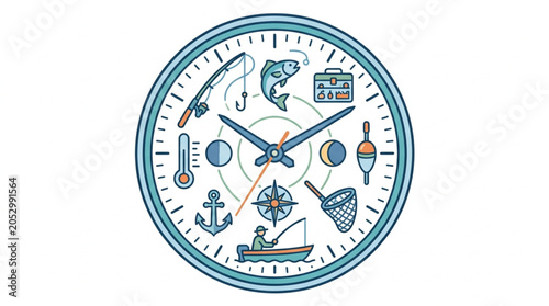 Fotografía Fishing themed clock face with icons representing angling activities
