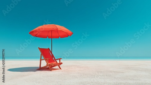 Bright Red Beach Lounge Chair with red Umbrella on Sandy Shore under Clear Sky, beach chairs and umbrella on the beach, beach chair with umbrella, red umbrella on the beach., red beach chair