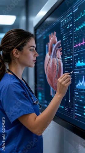 Nursing student interacting with digital anatomical dashboard