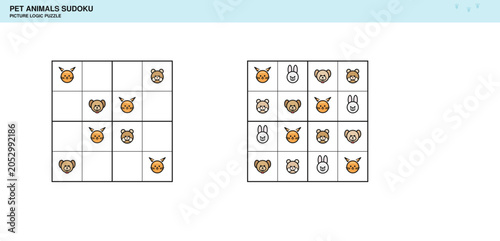 Pet Animals Picture Sudoku Puzzle for Kids Vector