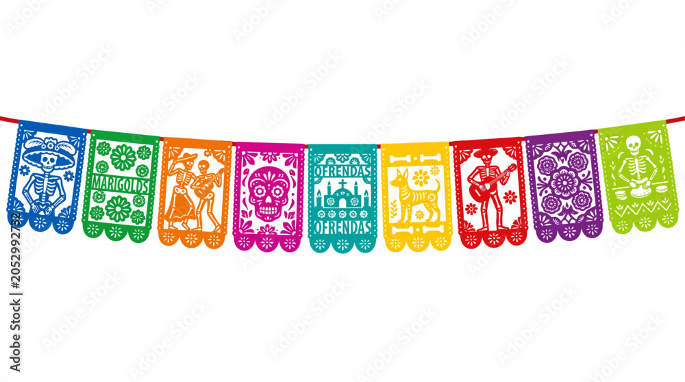 Fototapeta premium Colorful Mexican papel picado banners for Dia de los Muertos.