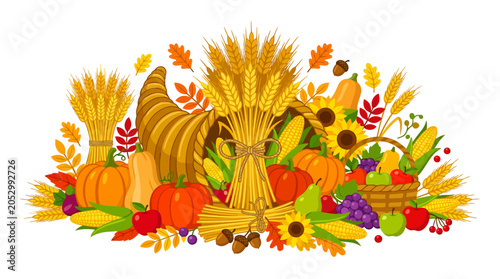 Foto Abundant autumn harvest cornucopia with pumpkins and wheat stalks