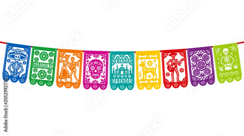 Colorful Mexican papel picado banners for Dia de los Muertos.