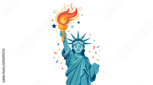 Statue of Liberty holding torch with confetti on white background.