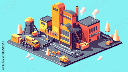 Isometric stylized factory illustration with industrial buildings, vehicles, and smoke against a cyan background