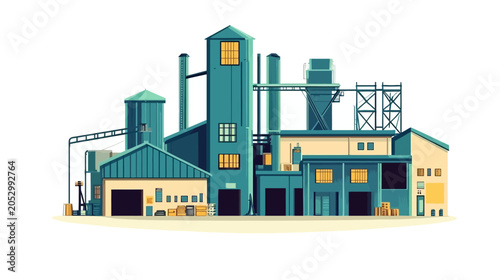 A stylized illustration depicting a factory or industrial complex. The buildings are in shades of teal & beige