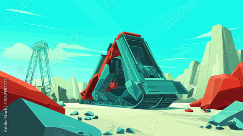 A stylized digital illustration of a large industrial machine, surrounded by stylized rock formations and a sky