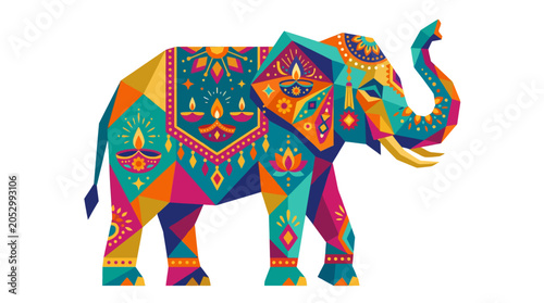Photography Vibrant decorative elephant with intricate colorful patterns.