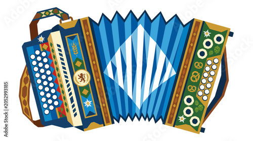 Картината върху платно Blue and gold diatonic button accordion with floral patterns.