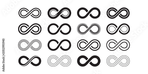 Grid of Sixteen Black Infinity Symbol in Various Styles and Line Weights on a White Background ktsfn3vdxi6rzuxmi4