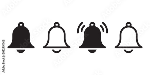 Notification Bell Showing Different States of Alert and Inactivity with Solid Black and Outline Styles on a White Background