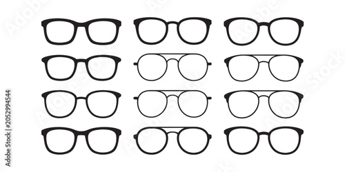Various eyeglasses on white background spectacles black