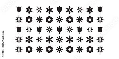 Various flower and tulip on white flower tulip black white background isolated different shapes floral symbols