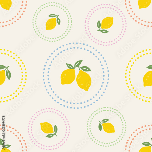 Lemon Seamless Repeat Pattern Citrus Lemons Blue Green Yellow Fruit Fresh Cute Drawing Circles Dots Wallpaper Vector Print 