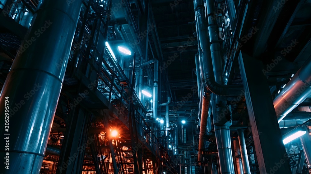 Obraz premium An abstract view of industrial metal pipes and structural framework illuminated by cool neon lighting