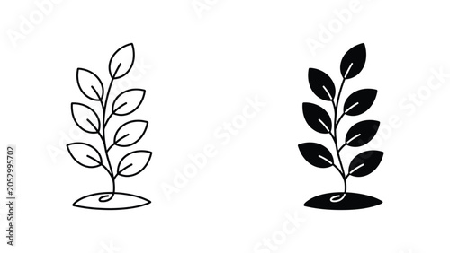 Growing plant stem with multiple leaves icon set for environmental branding