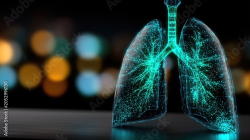 Digital visualization of human lungs, representing respiratory health, pulmonary medicine, medical technology and scientific research. Copy space