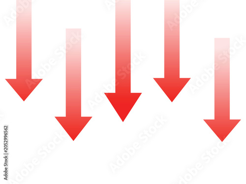 Group of red arrows pointing downwards indicating financial loss or decreasing graphs on isolated transparent background.