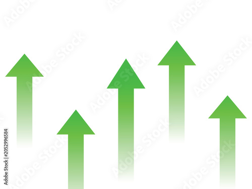 Group of green arrows pointing upwards indicating financial growth or increasing graphs on isolated transparent background.