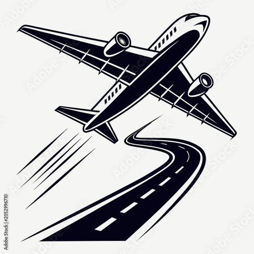 Commercial jet airplane taking off from airport runway graphic illustration with airplane aircraft aviation transport